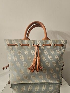 Dooney & Bourke Blue Logo Canvas Tote with Tan Leather Trim
